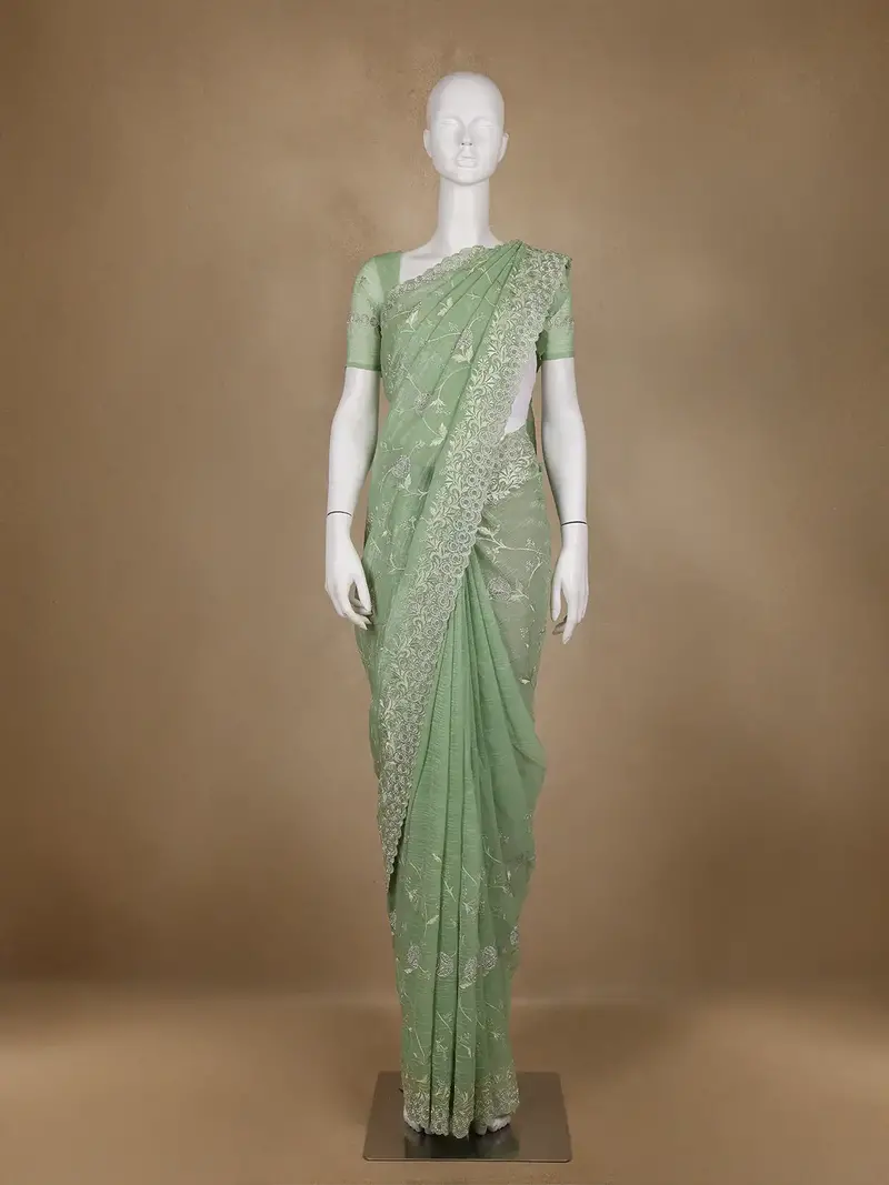 Green Floral Designed Organza Designer Saree 1