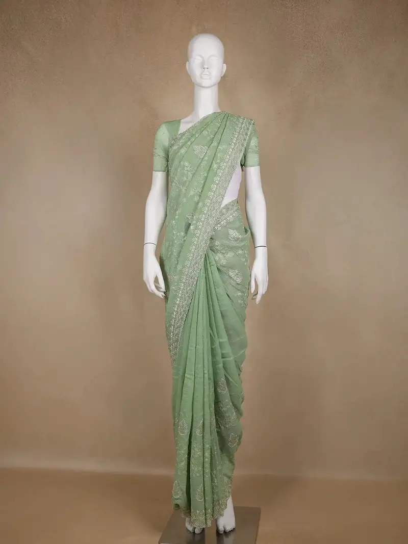 Green Floral Designed Organza Designer Saree 1