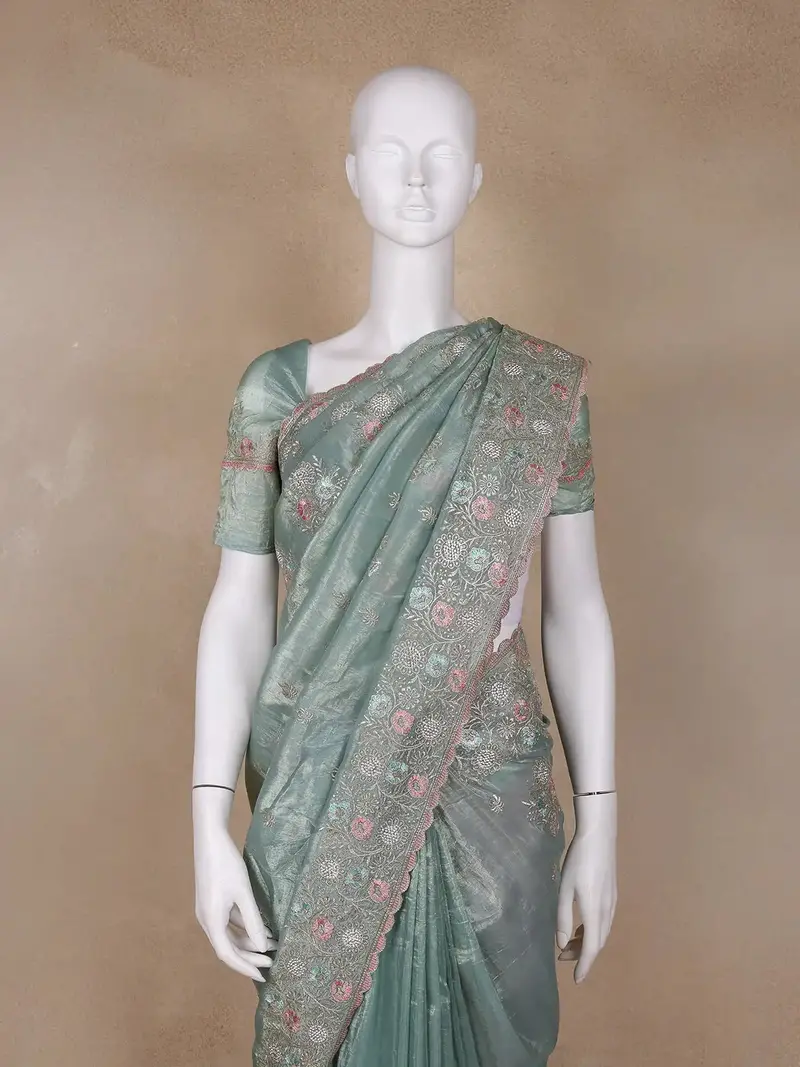 Green Floral Designed Organza Designer Saree 2