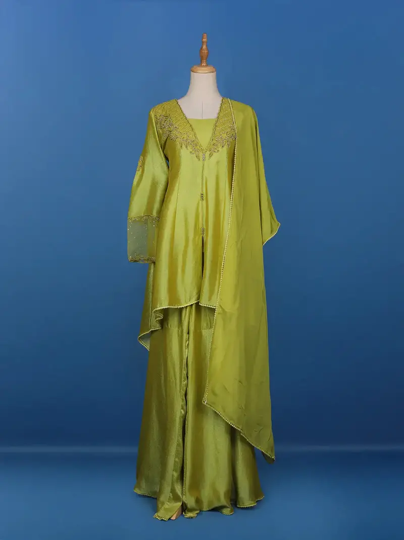 Green Floral Designed Raw Silk Salwar Suit 1