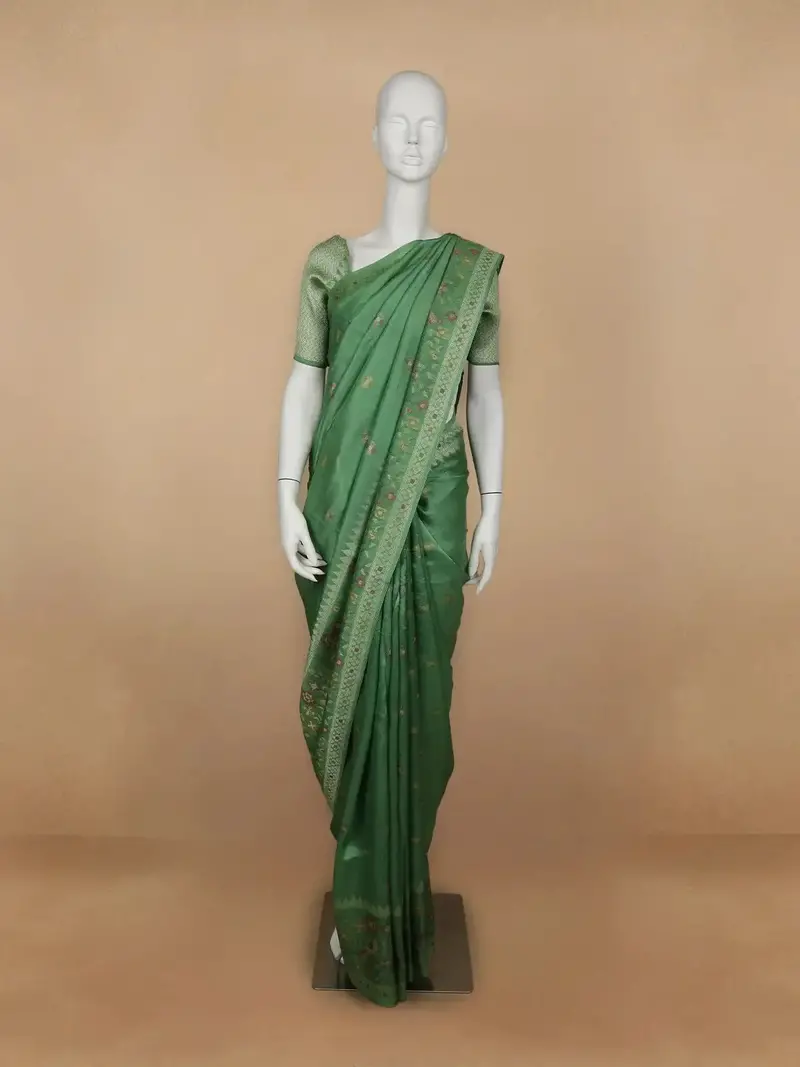 Green Floral Designed Raw Silk Saree 1