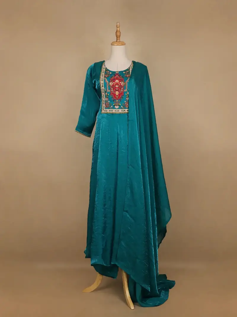 Green Floral Designed Semi Silk Anarkali Salwar Suit 1