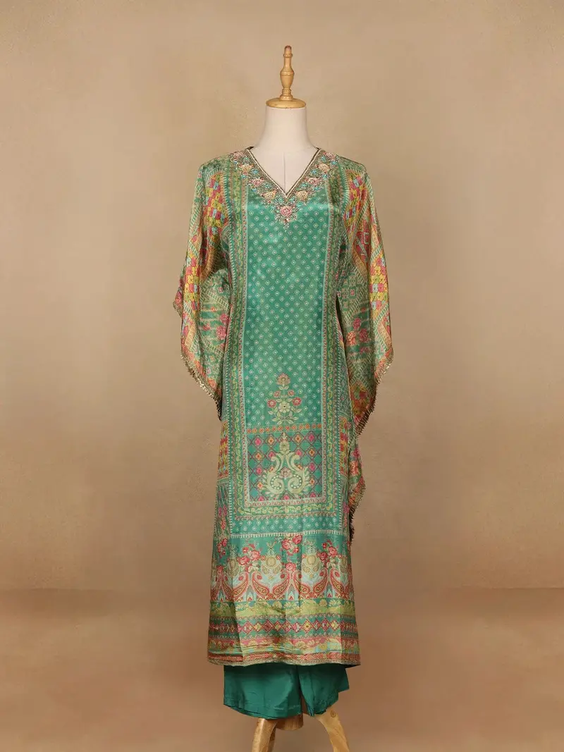 Green Floral Designed Semi Silk Kaftan Suit 1