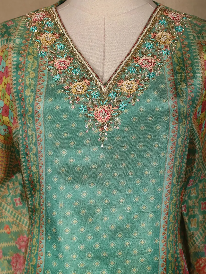 Green Floral Designed Semi Silk Kaftan Suit 2