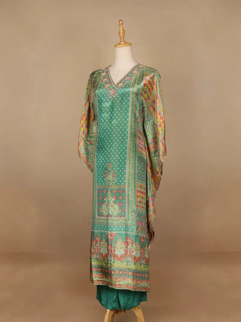 Green Floral Designed Semi Silk Kaftan Suit 3