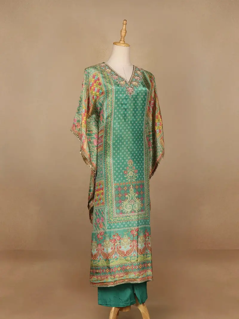 Green Floral Designed Semi Silk Kaftan Suit 4