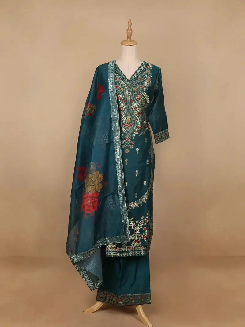 Green Floral Designed Semi Silk Salwar Suit 1
