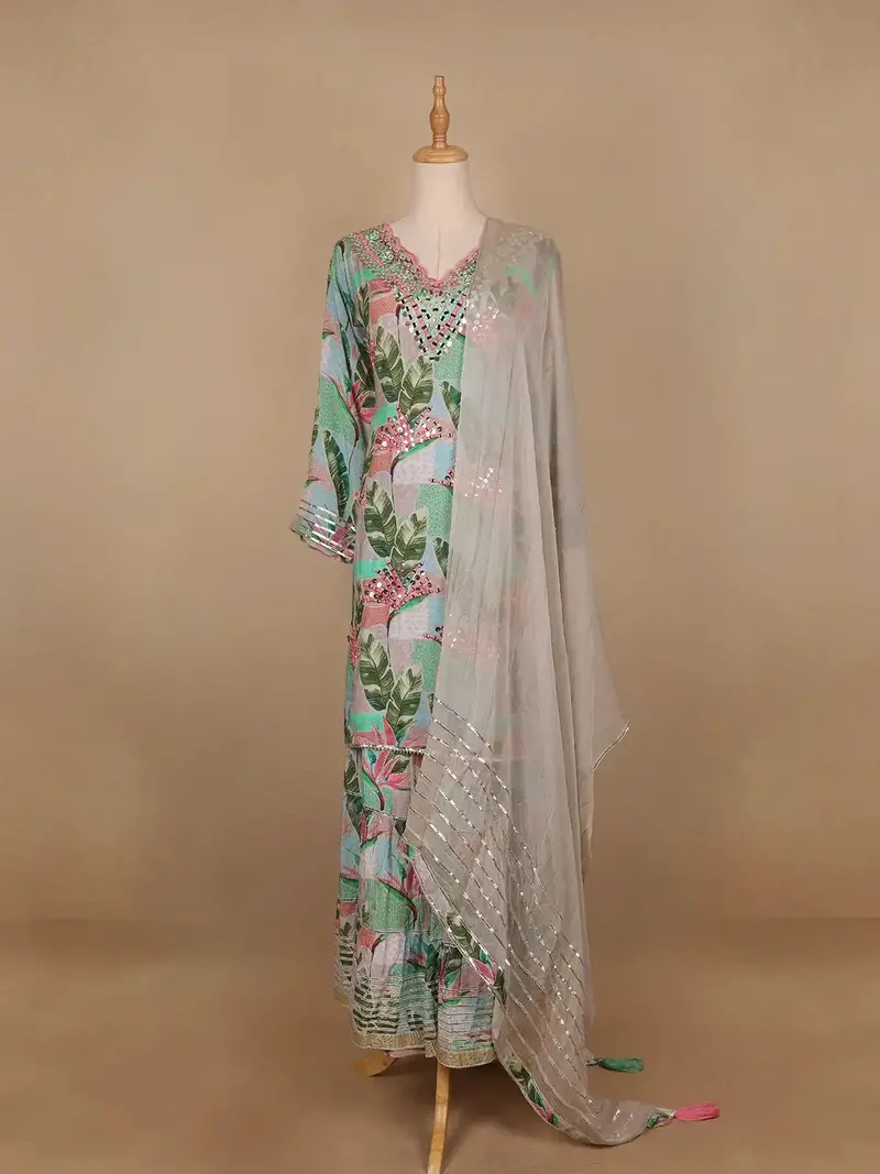Green Floral Designed Semi Silk Sharara Salwar Suit 1