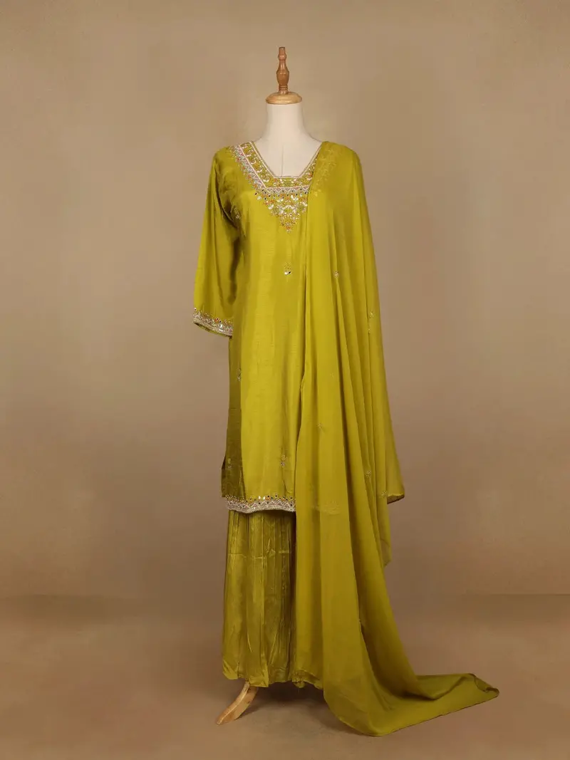 Green Floral Designed Semi Silk Sharara Salwar Suit 1