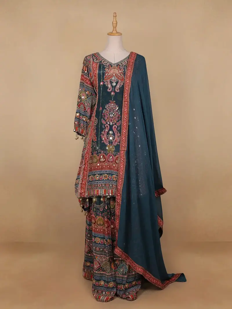 Green Floral Designed Semi Silk Sharara Salwar Suit 1