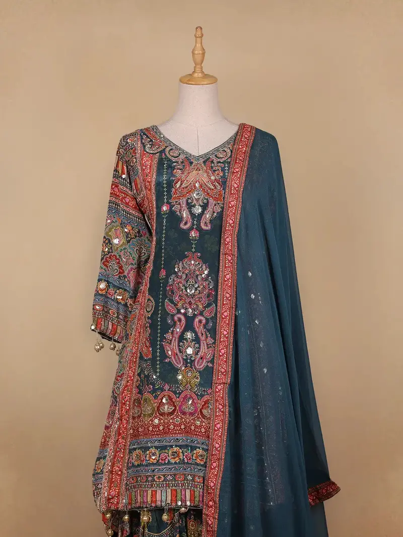 Green Floral Designed Semi Silk Sharara Salwar Suit 2