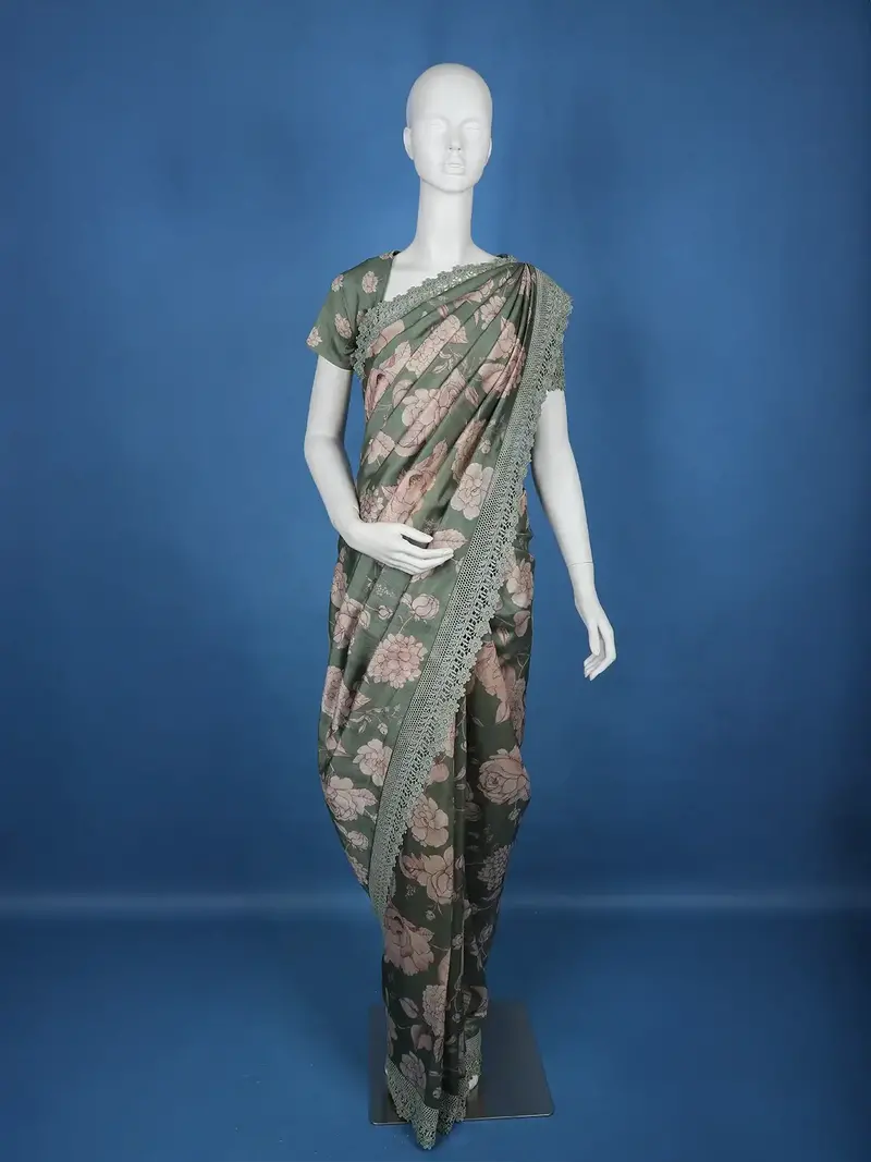Green Floral Designed Semi Tussar Saree 1