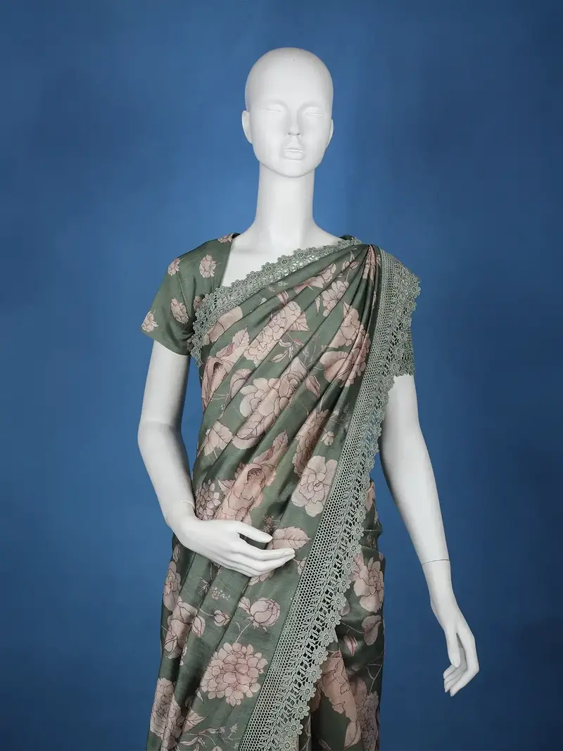 Green Floral Designed Semi Tussar Saree 2
