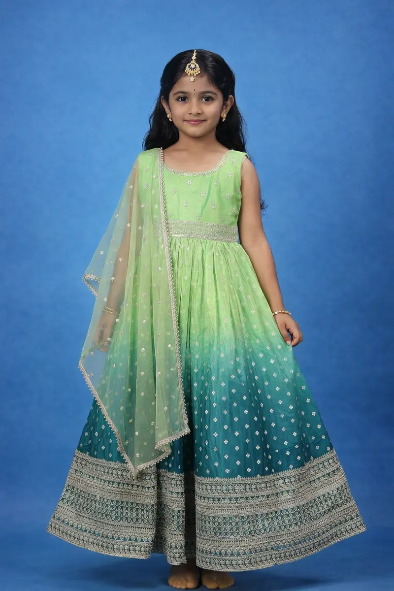 Green Floral Designed Sequins Work Banarasi Gown With Net Dupatta 1
