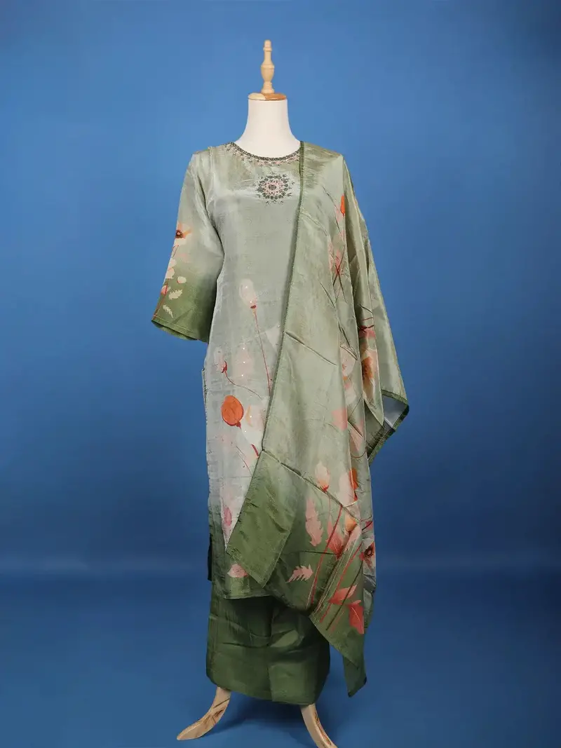 Green Floral Designed Silk Salwar Suit 1