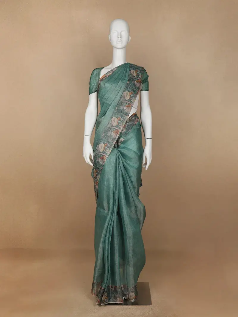 Green Floral Designed Tissue Organza Saree 1