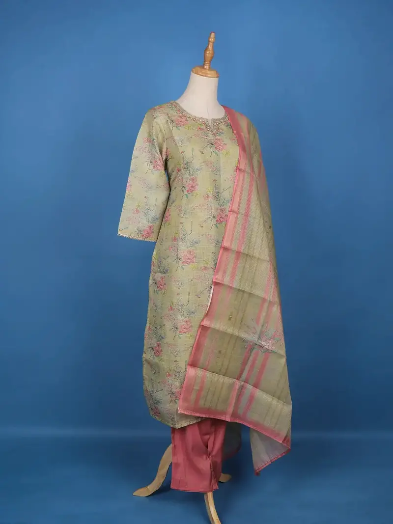 Green Floral Designed Tissue Silk Salwar Suit 3