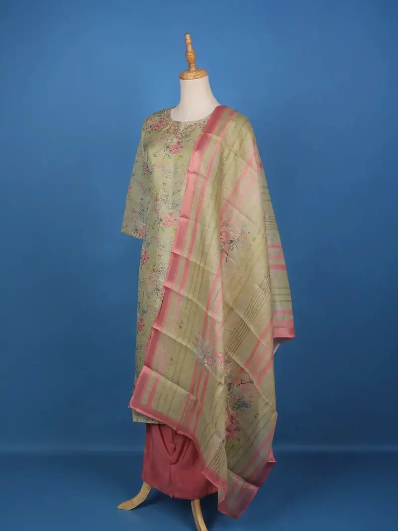 Green Floral Designed Tissue Silk Salwar Suit 4