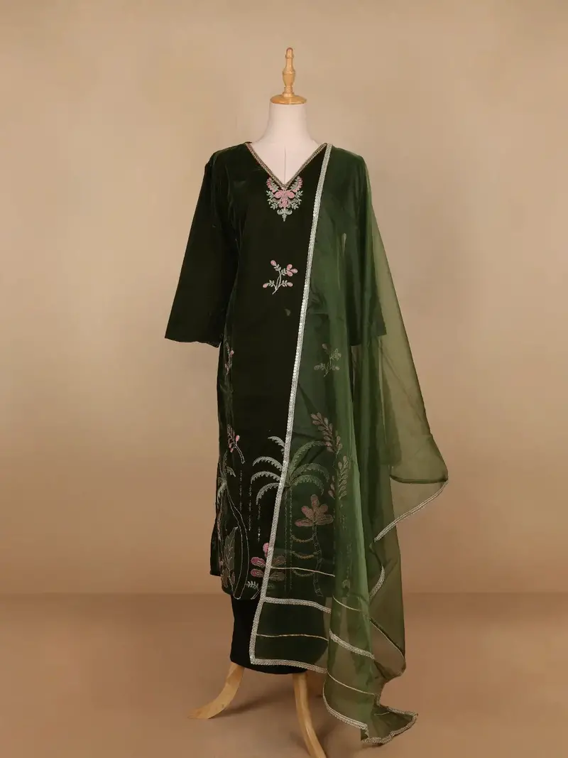 Green Floral Designed Velvet Co Ord Salwar Suit 1