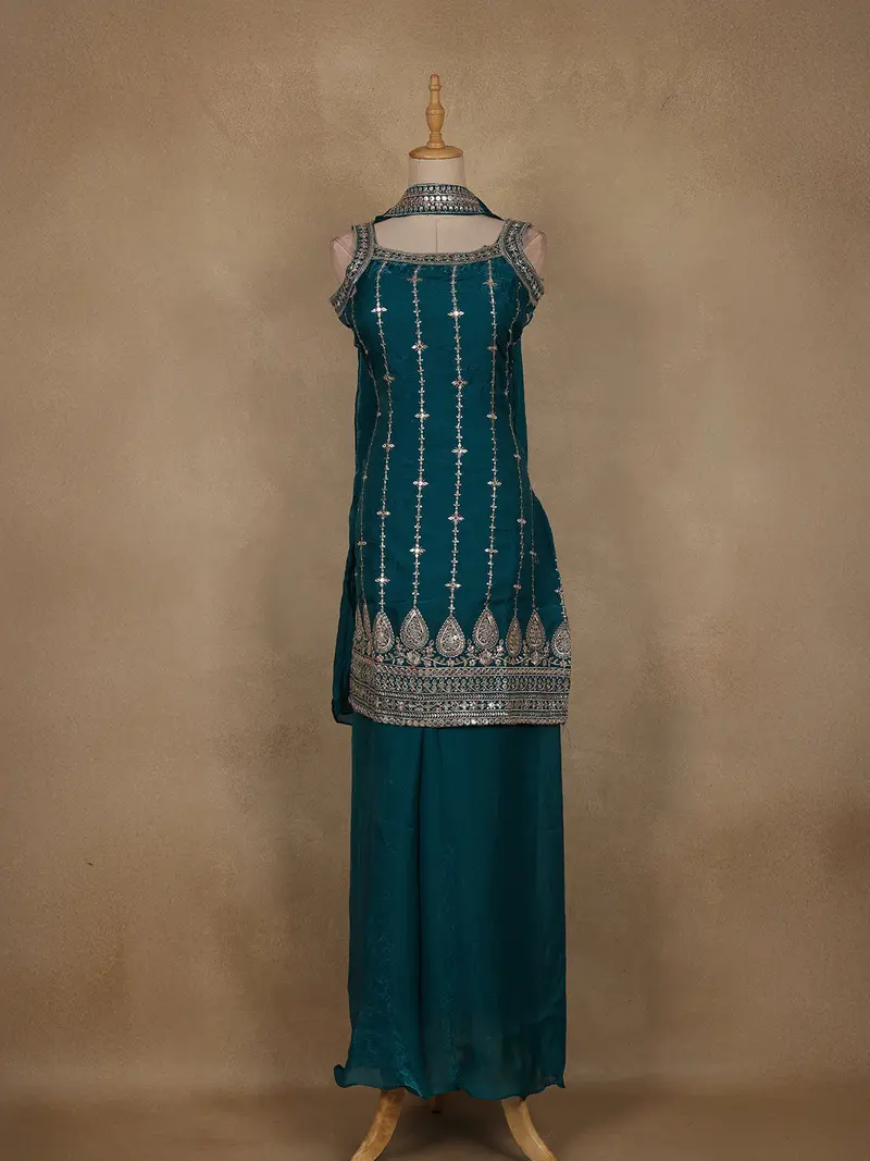 Green Floral Embroidered Design Space Silk Palazzo Suit With Dupatta 1