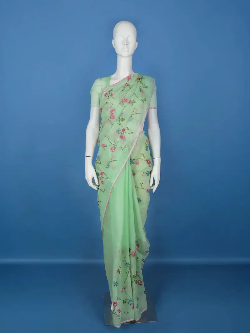 Green Floral Embroidered Kota Cotton Saree 1