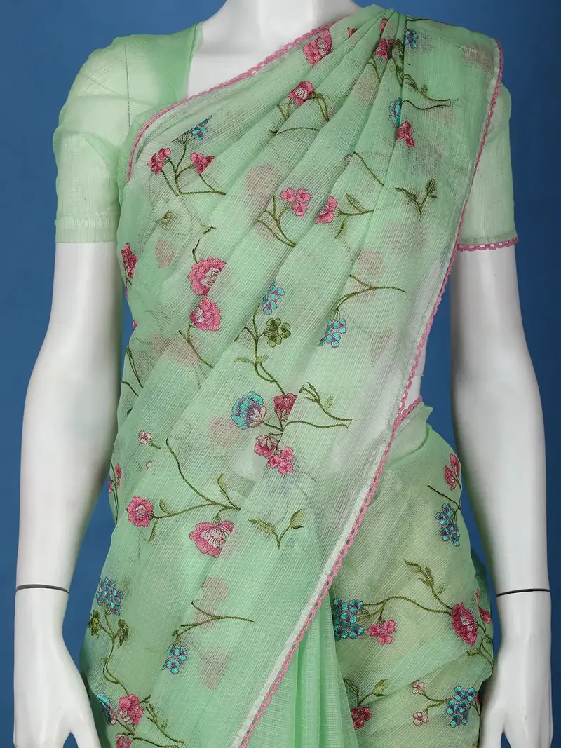 Green Floral Embroidered Kota Cotton Saree 2