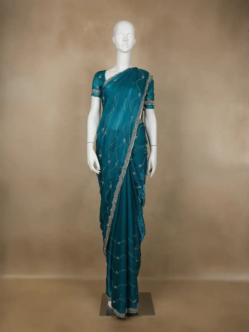 Green Floral Embroidered Organza Designer Saree 1