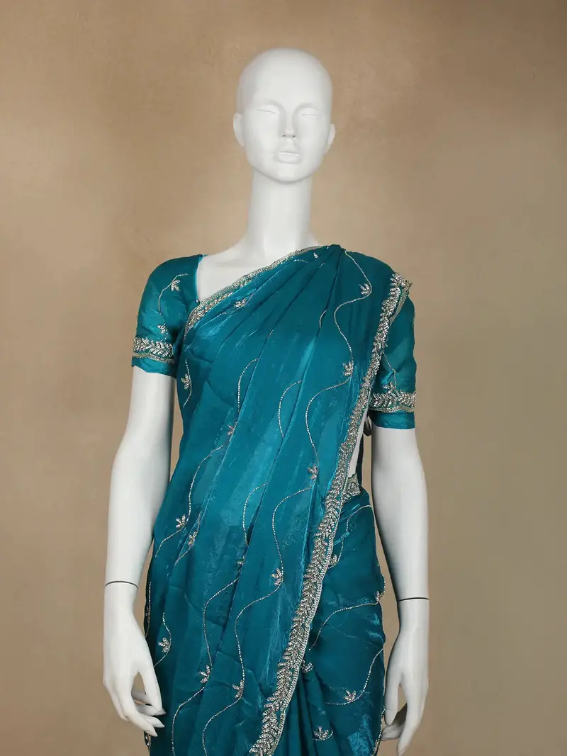 Green Floral Embroidered Organza Designer Saree 2