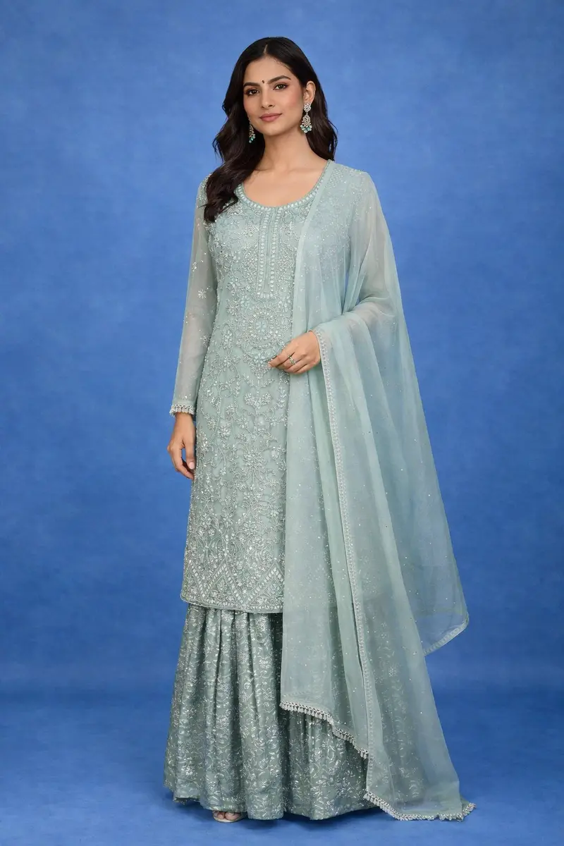 Green Floral Embroidered Sharara Salwar Suit Online 1