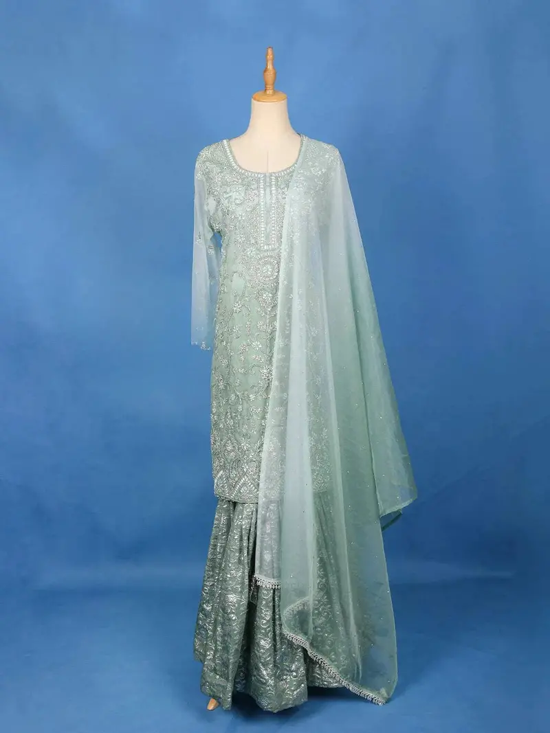 Green Floral Embroidered Sharara Salwar Suit Online 2