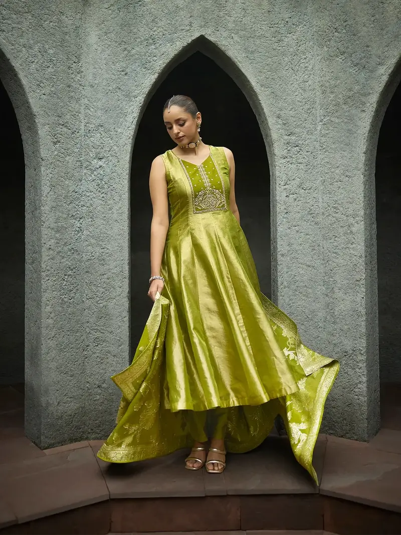 Green Floral Embroidered Tissue Silk Anarkali Salwar Suit 1