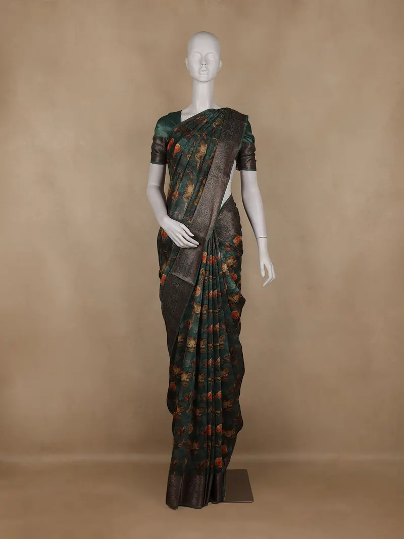 Green  Floral Print Chanderi Cotton Saree With Zari Border 1