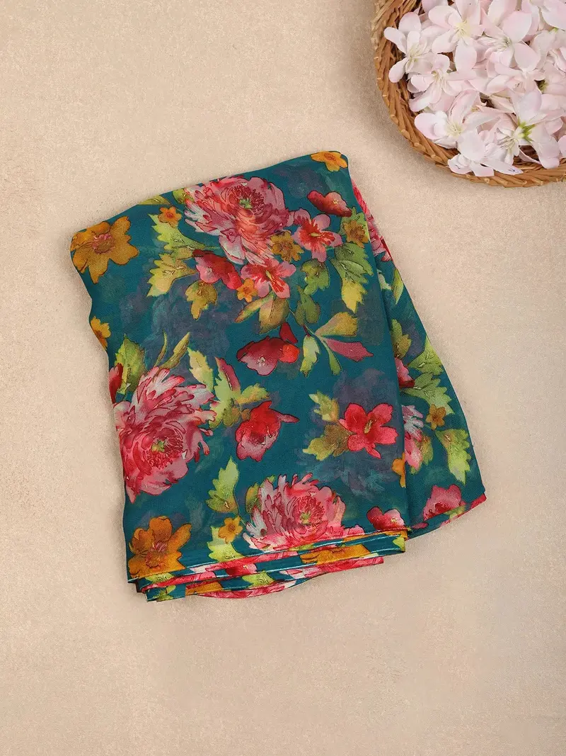 Green Floral Print Georgette Saree 1