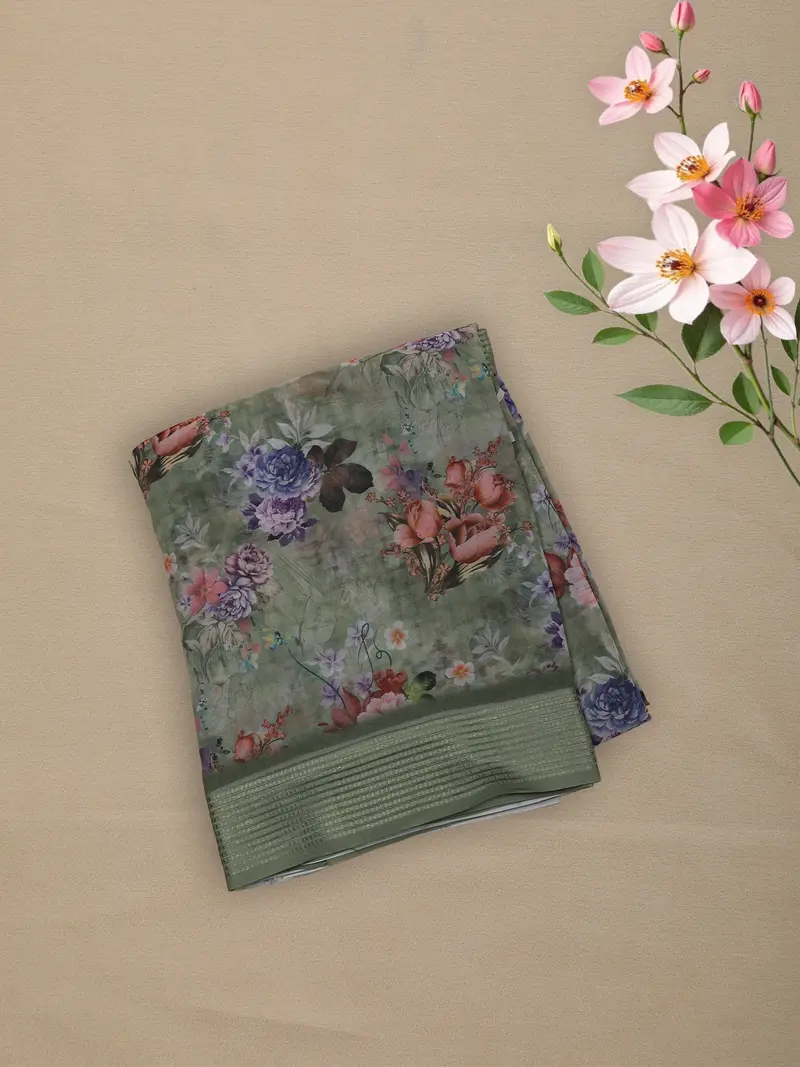 Green Floral Printed Chiffon Saree With Self Woven Border 1