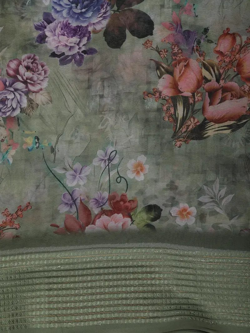 Green Floral Printed Chiffon Saree With Self Woven Border 2