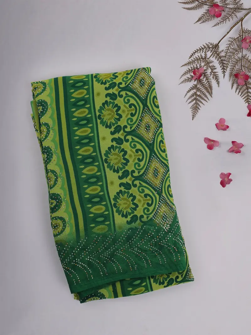 Green Floral Printed Chiffon Saree With Stone Embellished Border 1