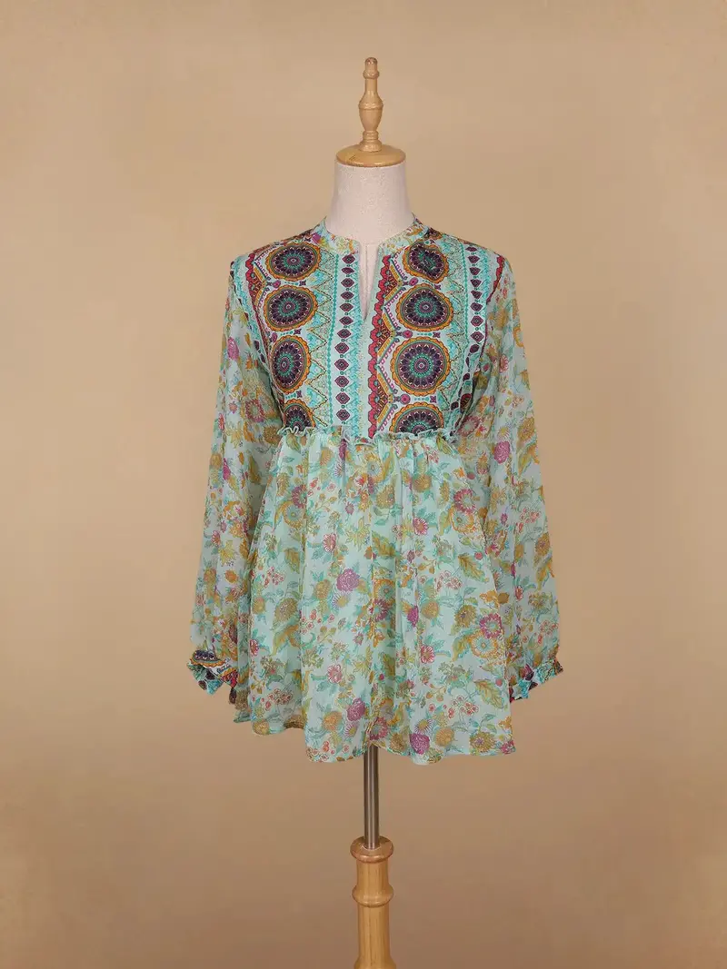 Green Floral Printed Cotton Kurti Top 1