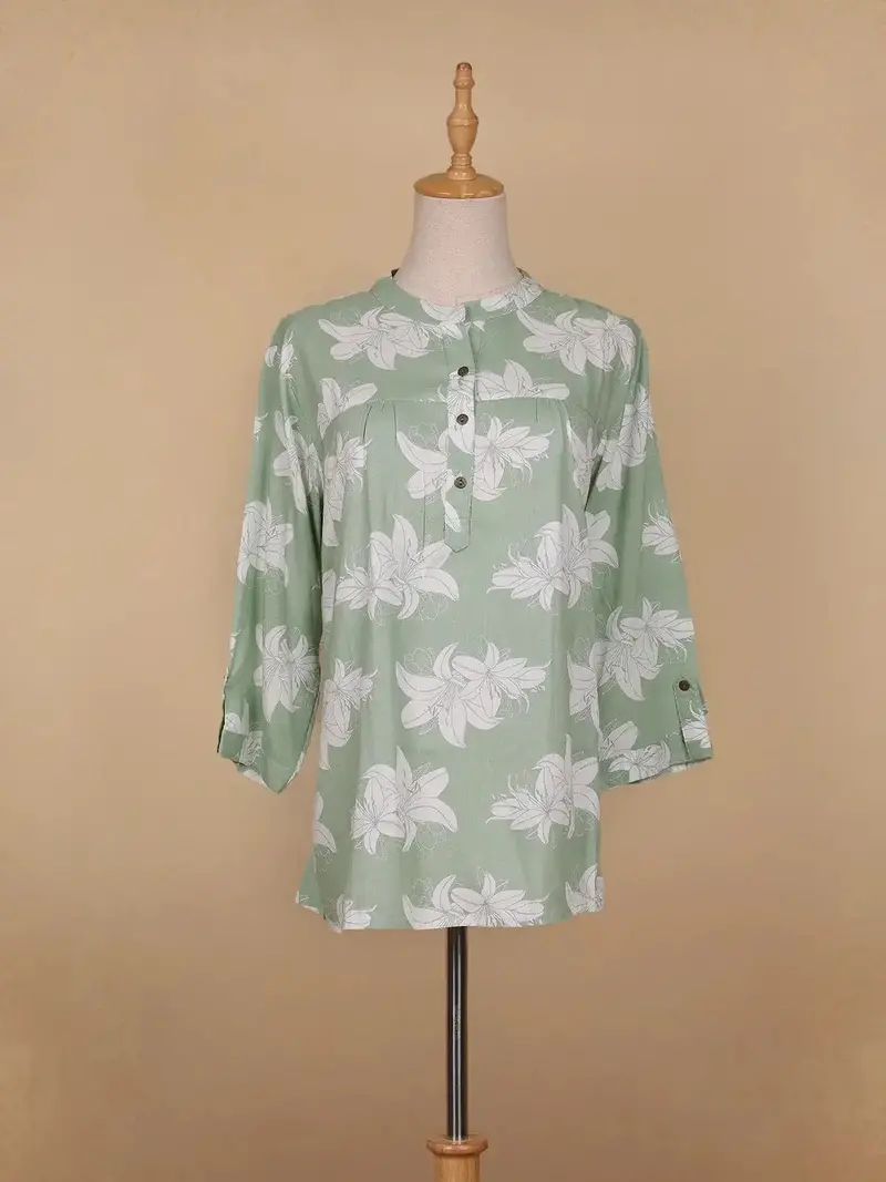 Green Floral Printed Cotton Kurti Top 1