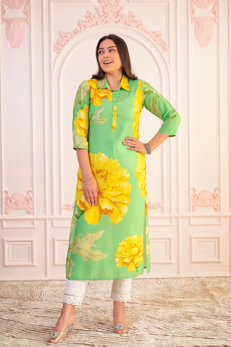 Green Floral Printed Cotton Kurti Top 1
