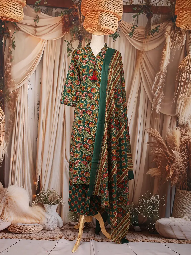 Green Floral Printed Cotton Salwar Suit 1