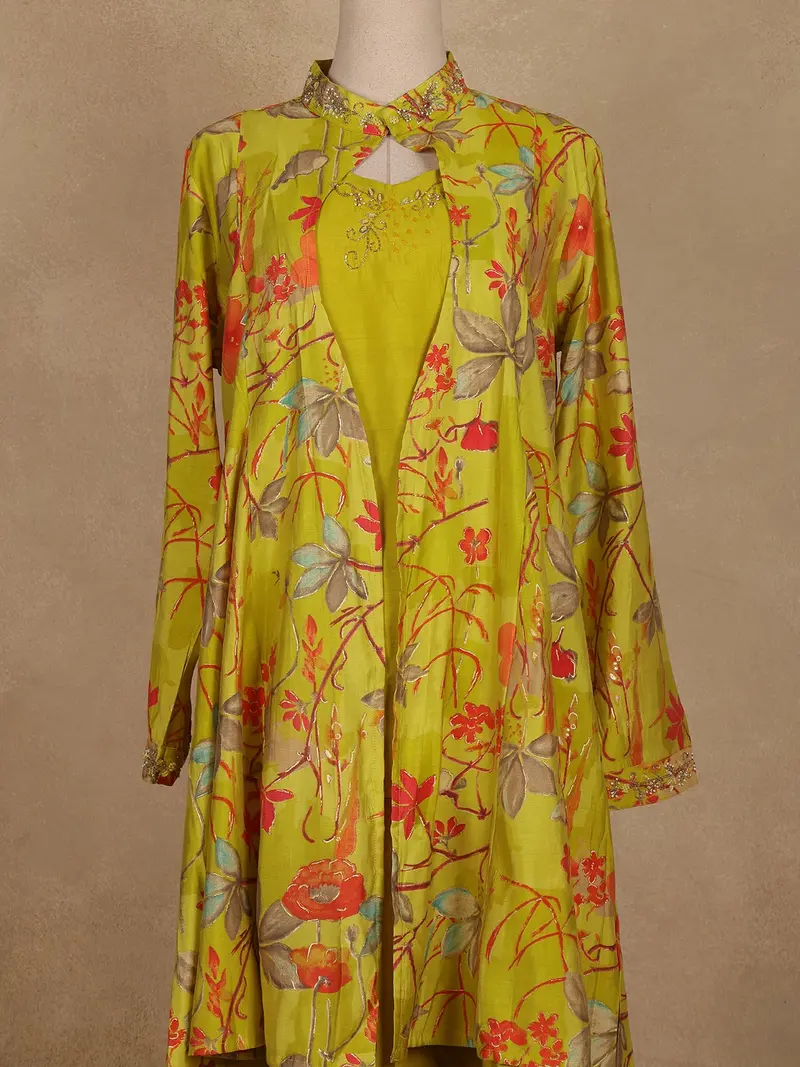 Green Floral Printed Crepe Silk Palazzo Suit With Jacket 1
