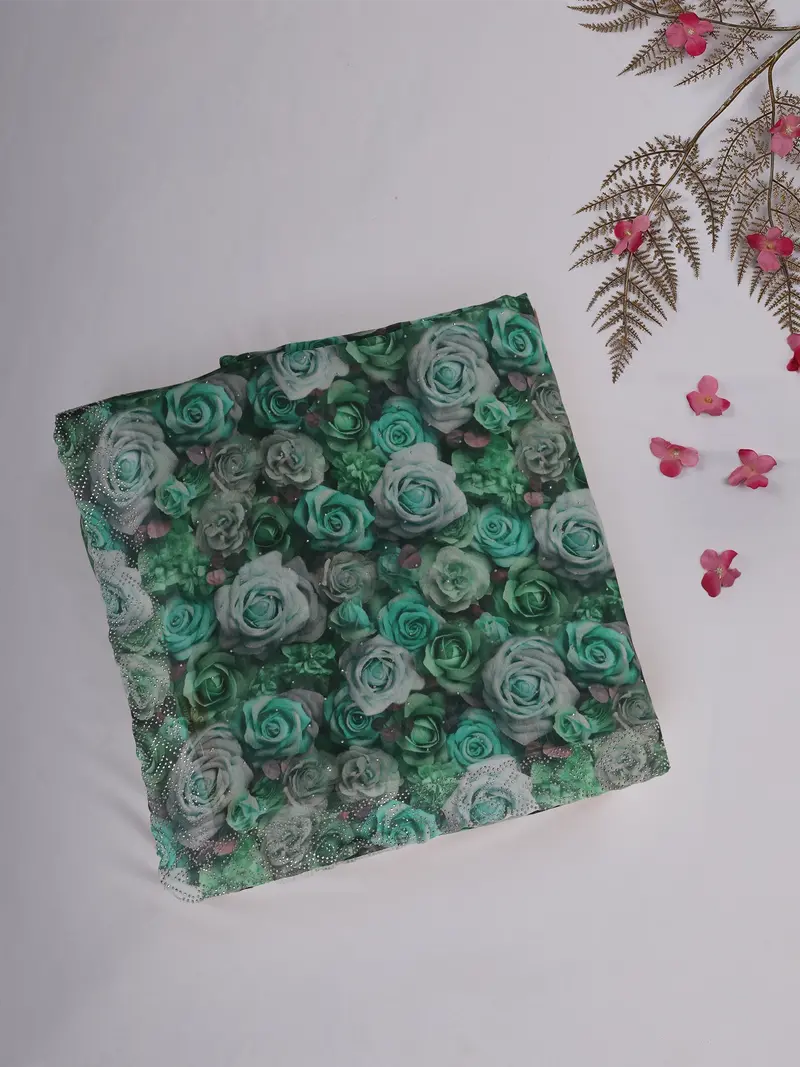 Green Floral Printed Design Chiffon Saree 1