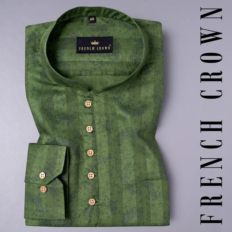 Green Floral Printed Dobby Textured Premium Giza Cotton Shirt 1