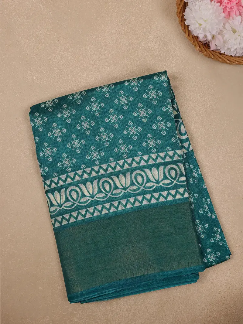 Green Floral Printed Fancy Cotton Saree 1