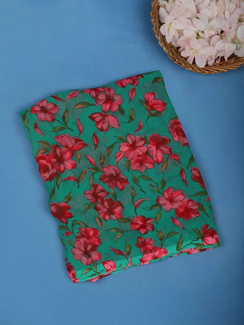 Green Floral Printed Georgette Saree With Matching Blouse 1