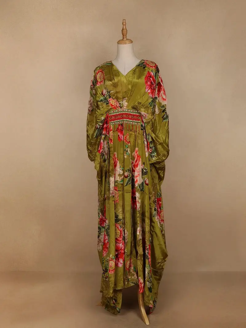 Green Floral Printed Kaftan-Style Crepe Gown 1