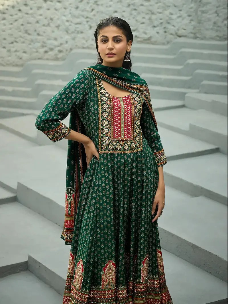 Green Floral Printed Synthetic Salwar Suit 1