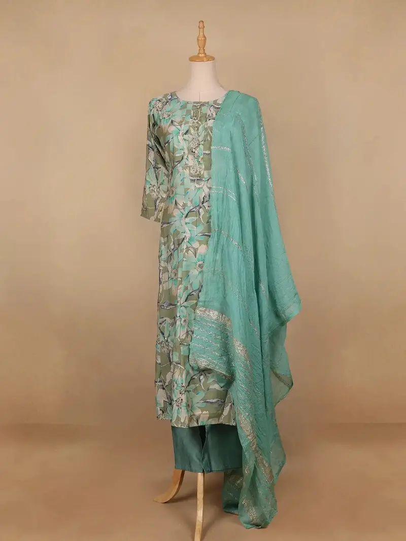 Green Floral Prints Cotton Straight Cut Salwar Suit 1