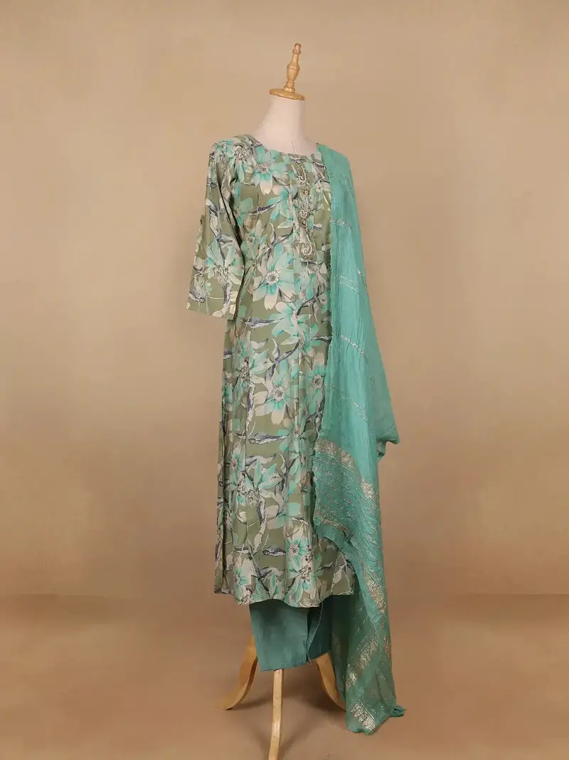 Green Floral Prints Cotton Straight Cut Salwar Suit 4