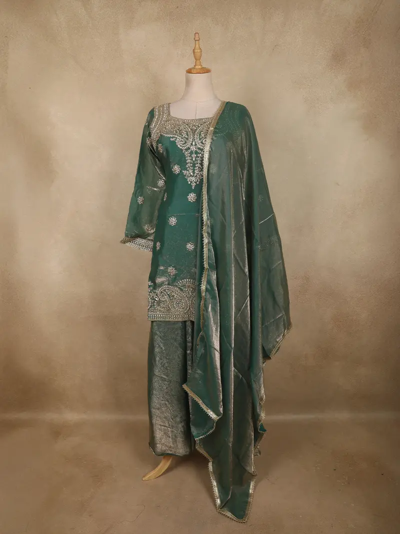 Green Floral Sequins And Beads Embroidered Design Organza Palazzo Suit With Dupatta 1